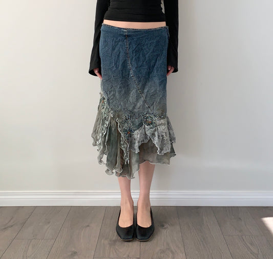 Vintage denim lace asymmetrical fairy skirt
