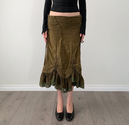 Vintage boho tie ruffle denim midi skirt