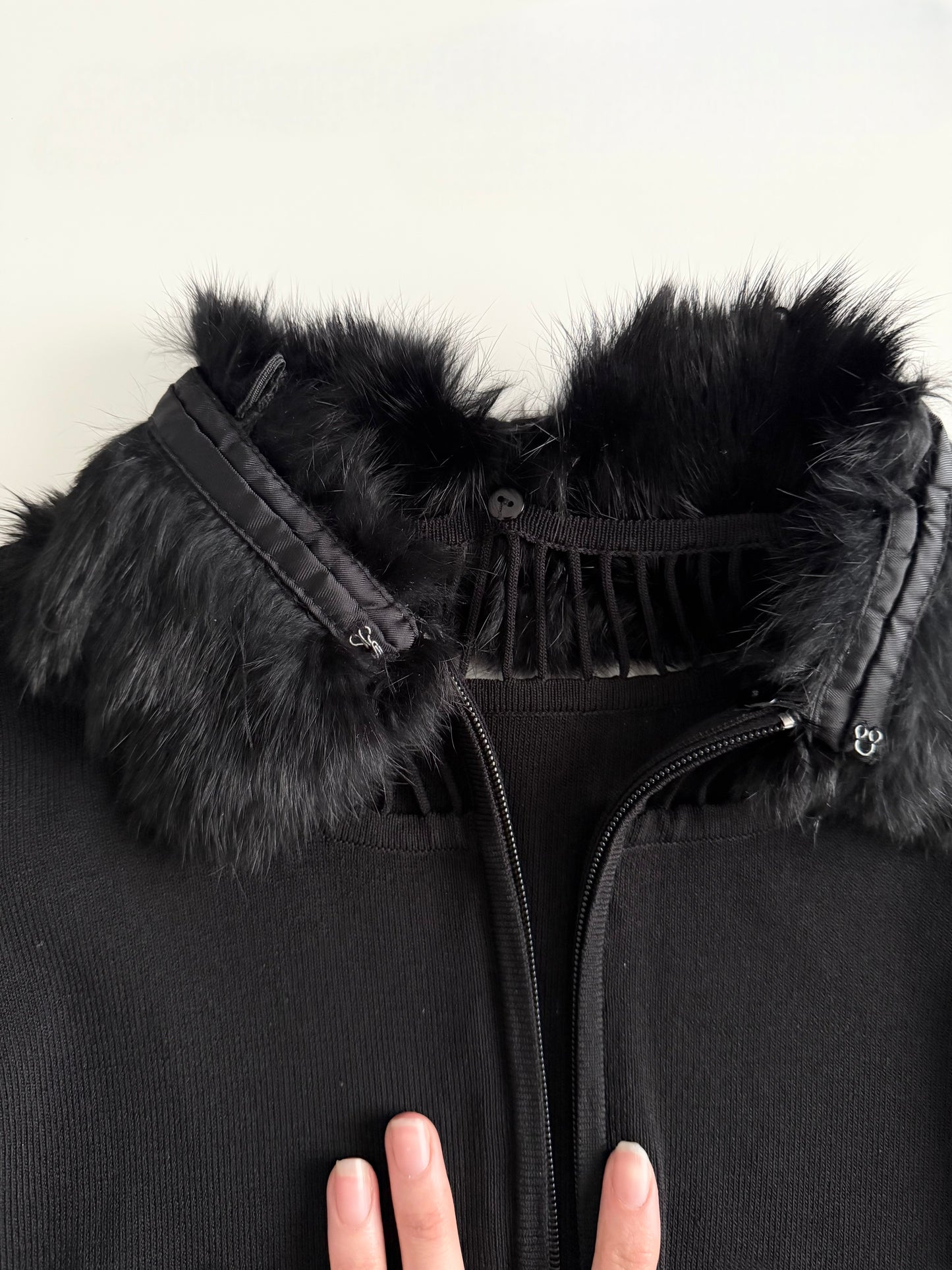 Fox fur trim ribbed cardigan