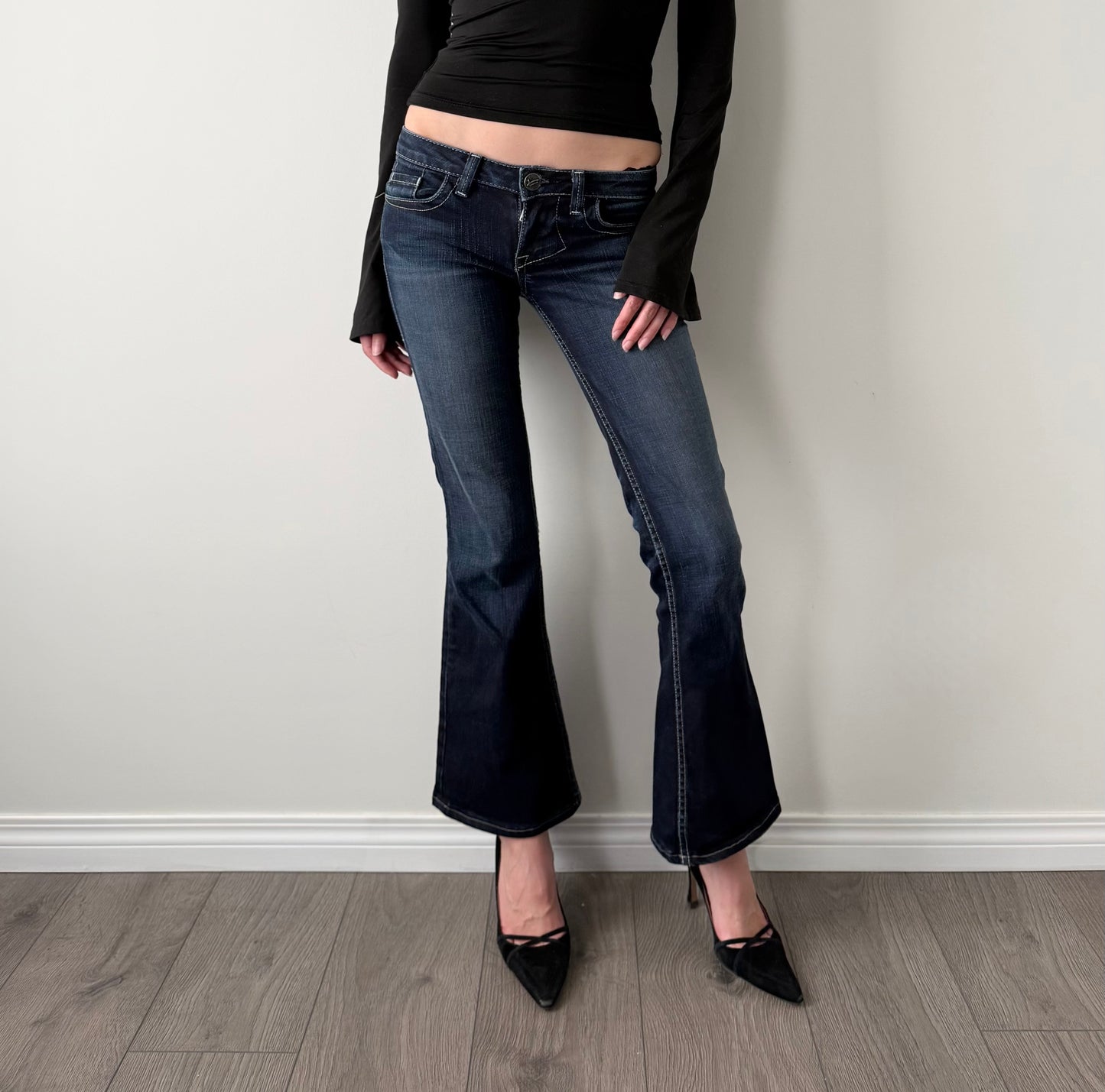 William rast dark wash low rise flared jeans