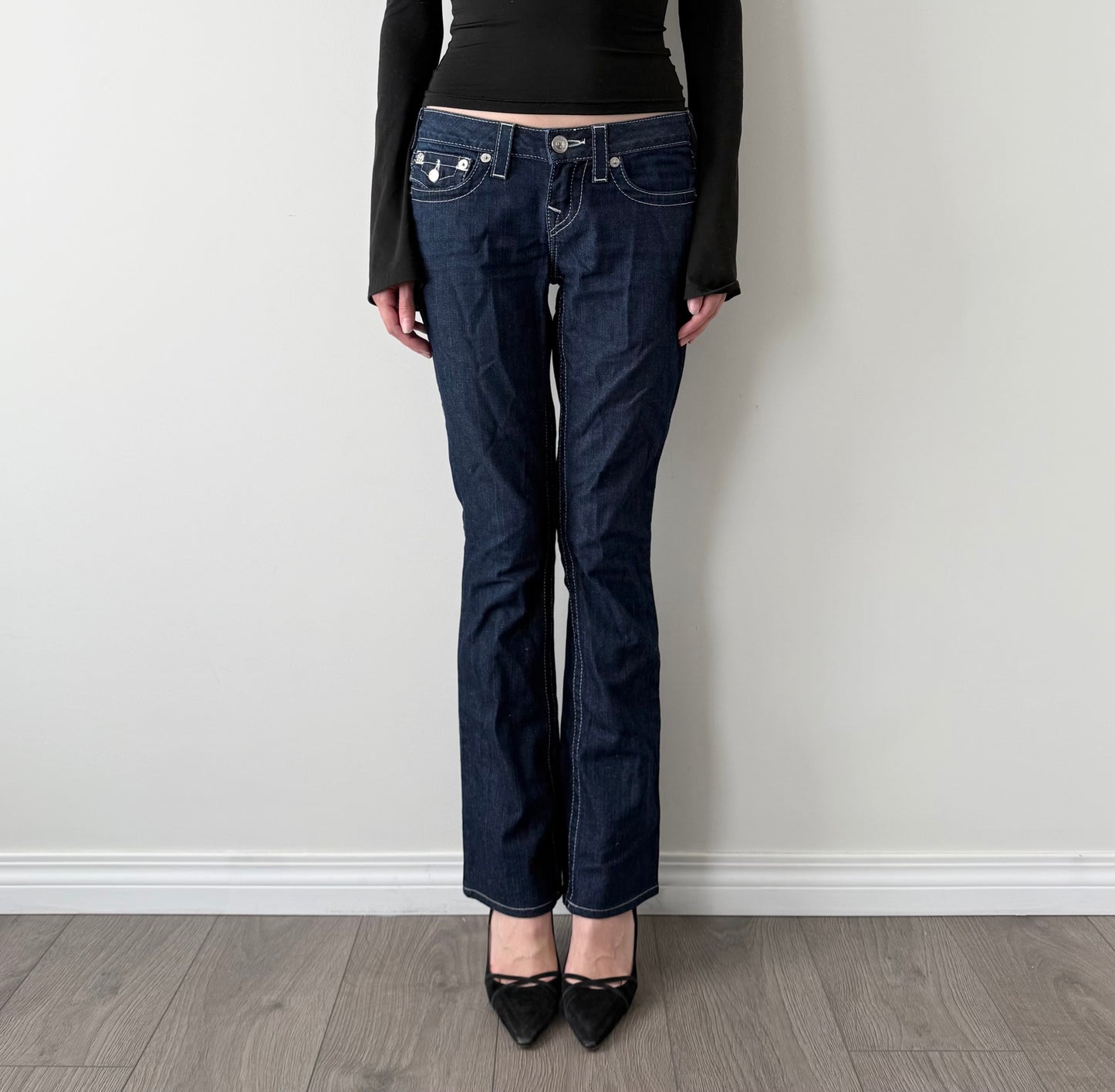 True religion dark wash mid rise bootcut jeans.