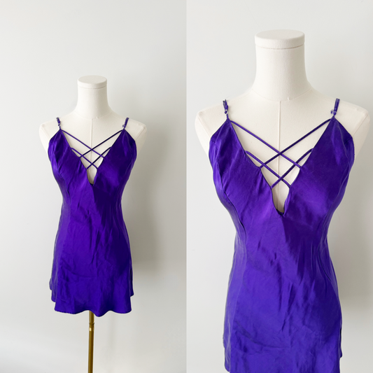 Vintage deep purple 100% silk mini slip dress