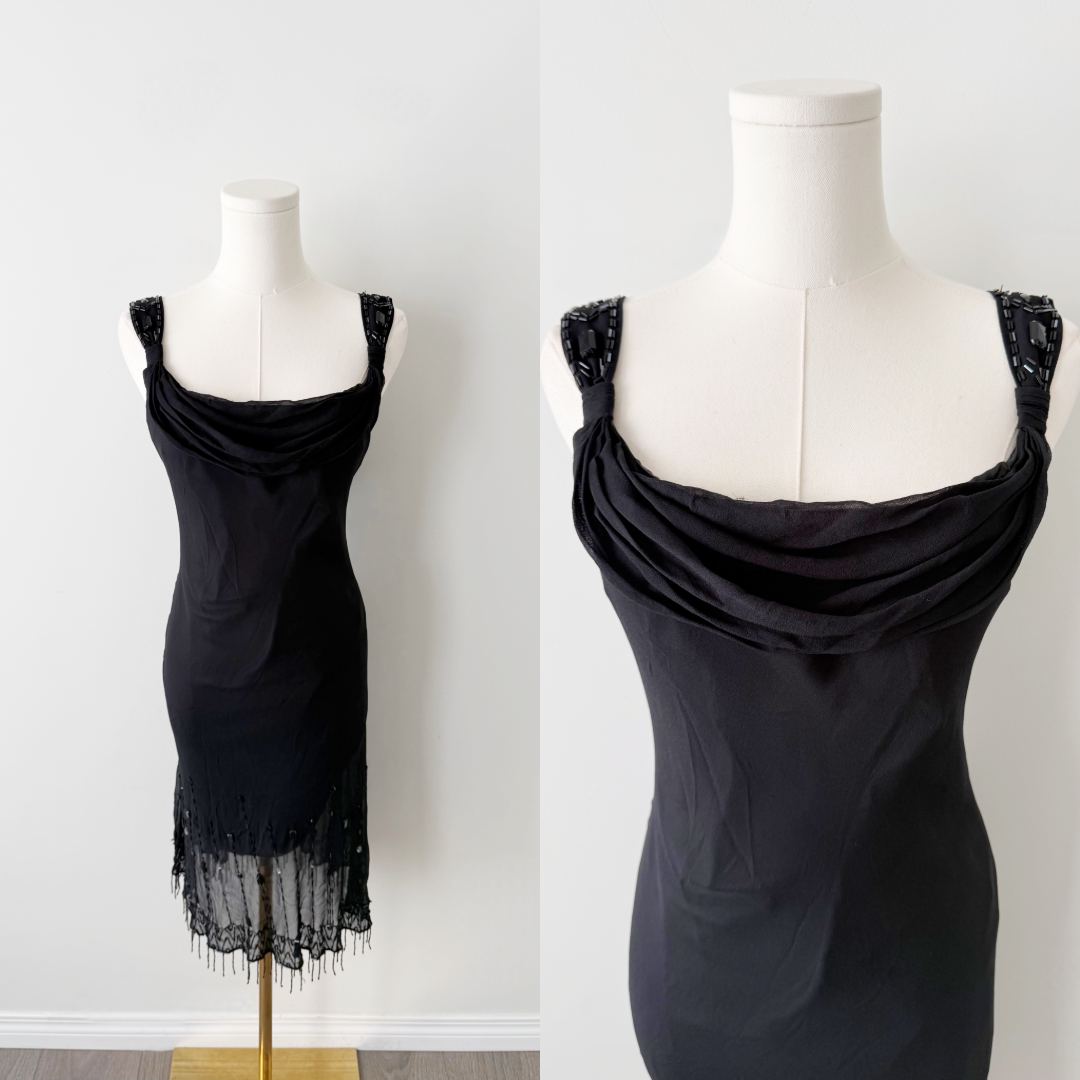 Vintage black 100% silk beaded midi dress