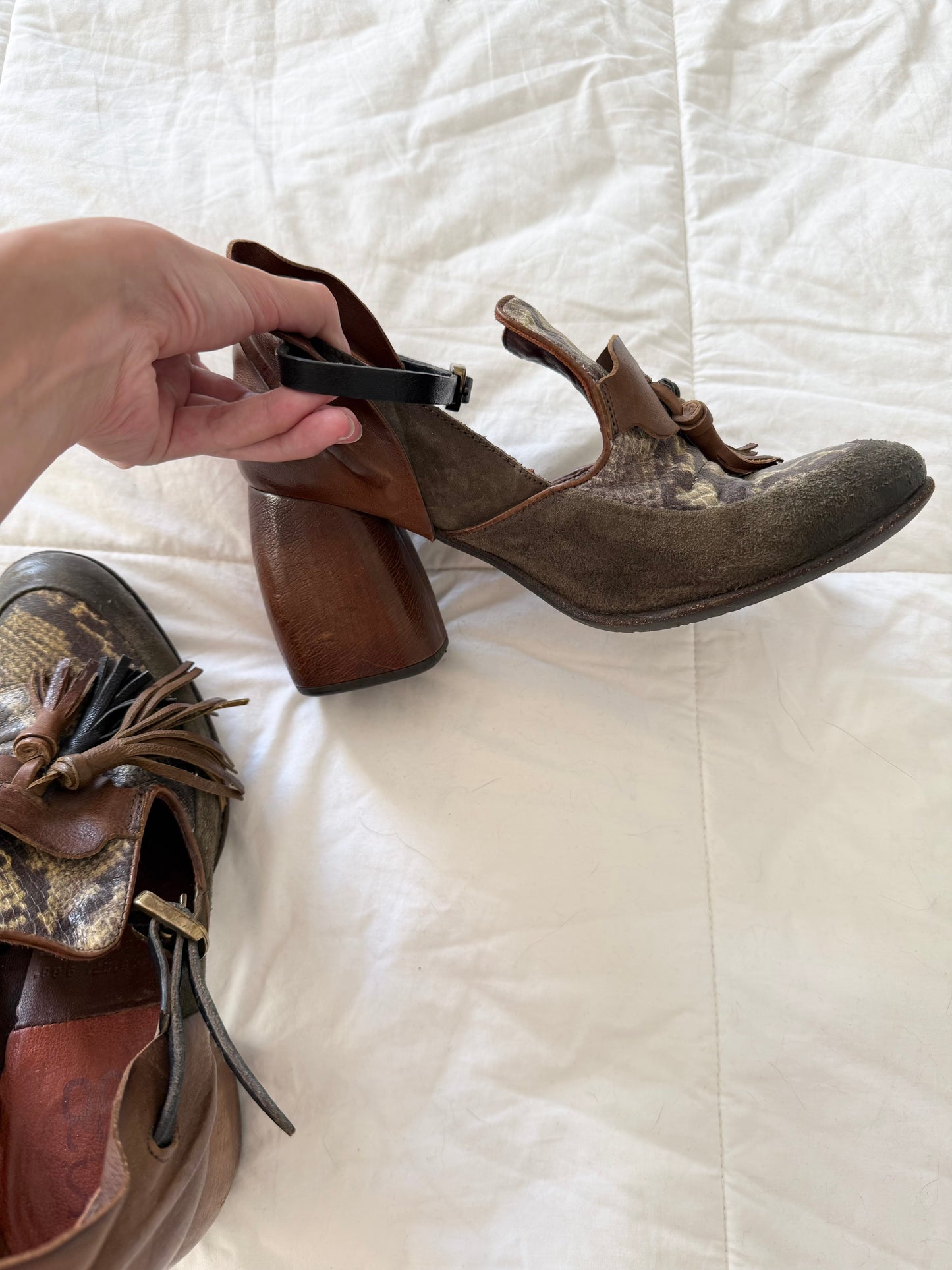 A.S.98 Italian Distressed Leather Tassel Loafer Heels