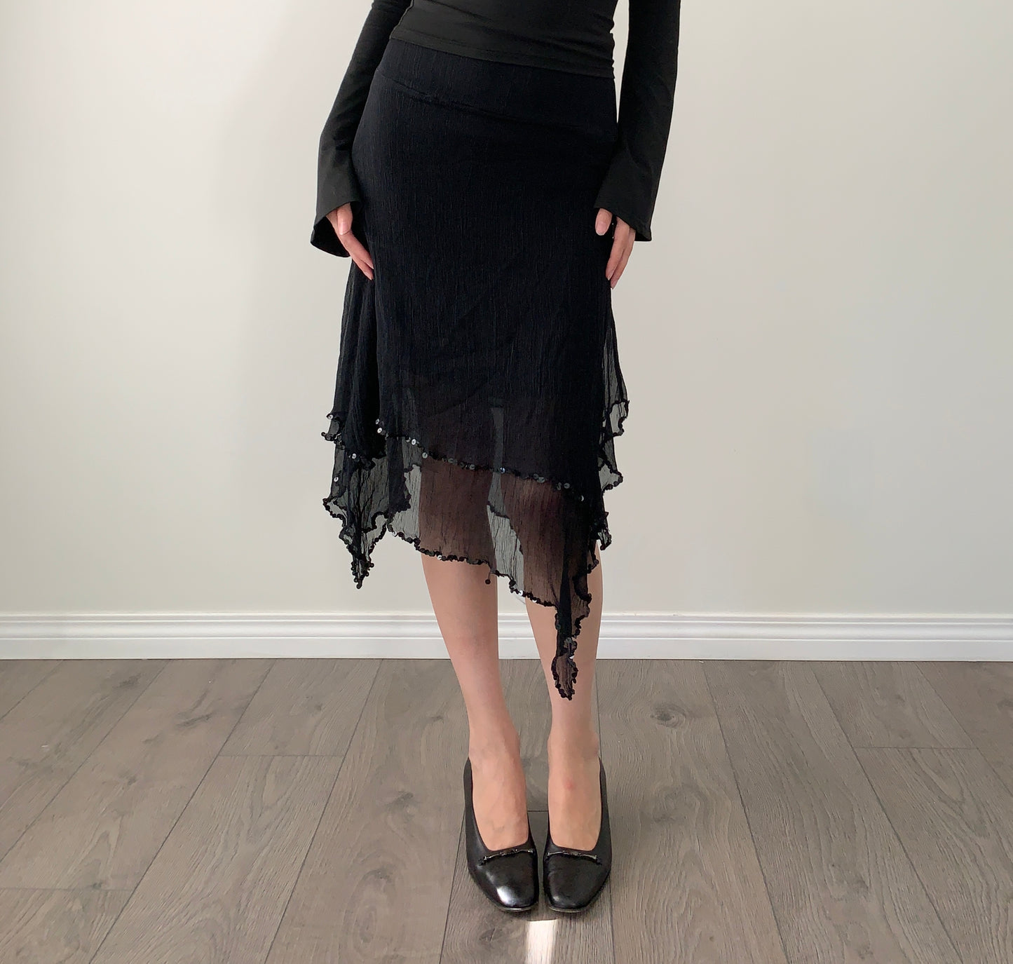 Bebe 100% silk asymmetrical sequin skirt