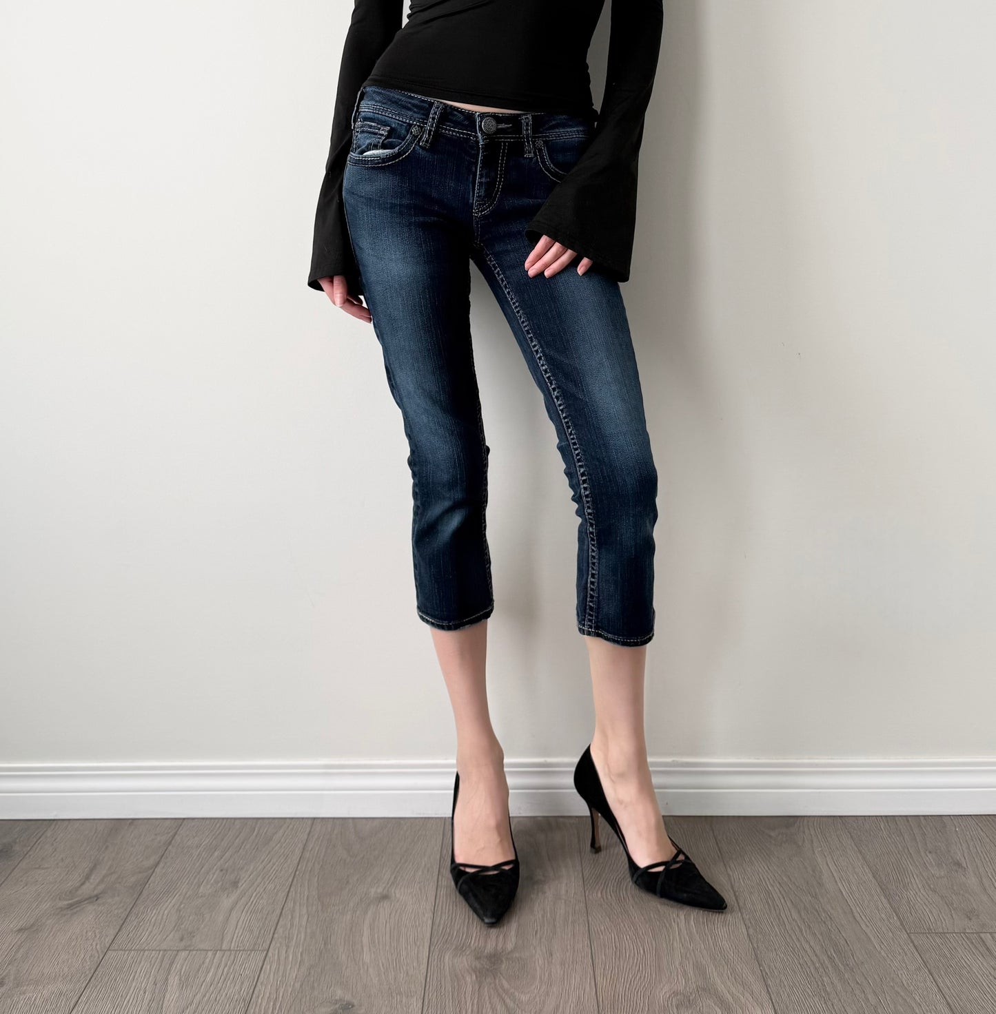 Silver dark wash denim capris