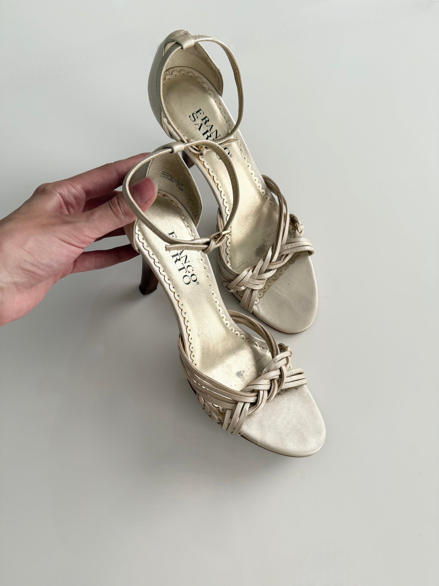 Y2K Franco Sarto gold strap heels