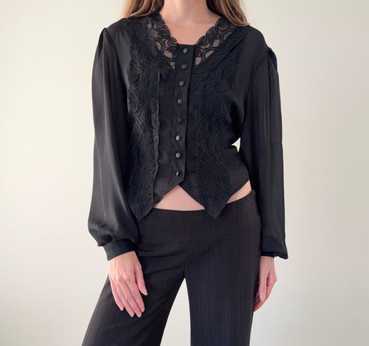 80s black semi sheer lace blouse