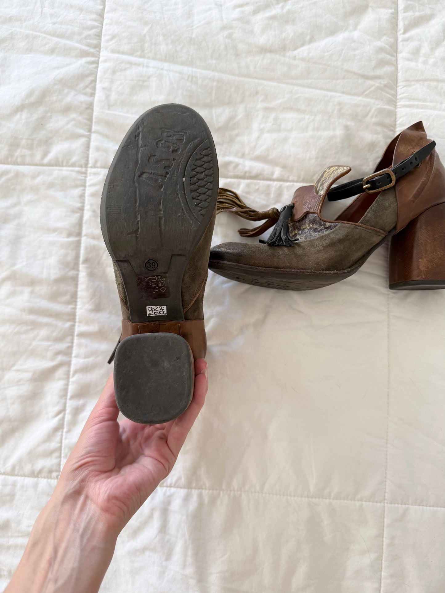 A.S.98 Italian Distressed Leather Tassel Loafer Heels