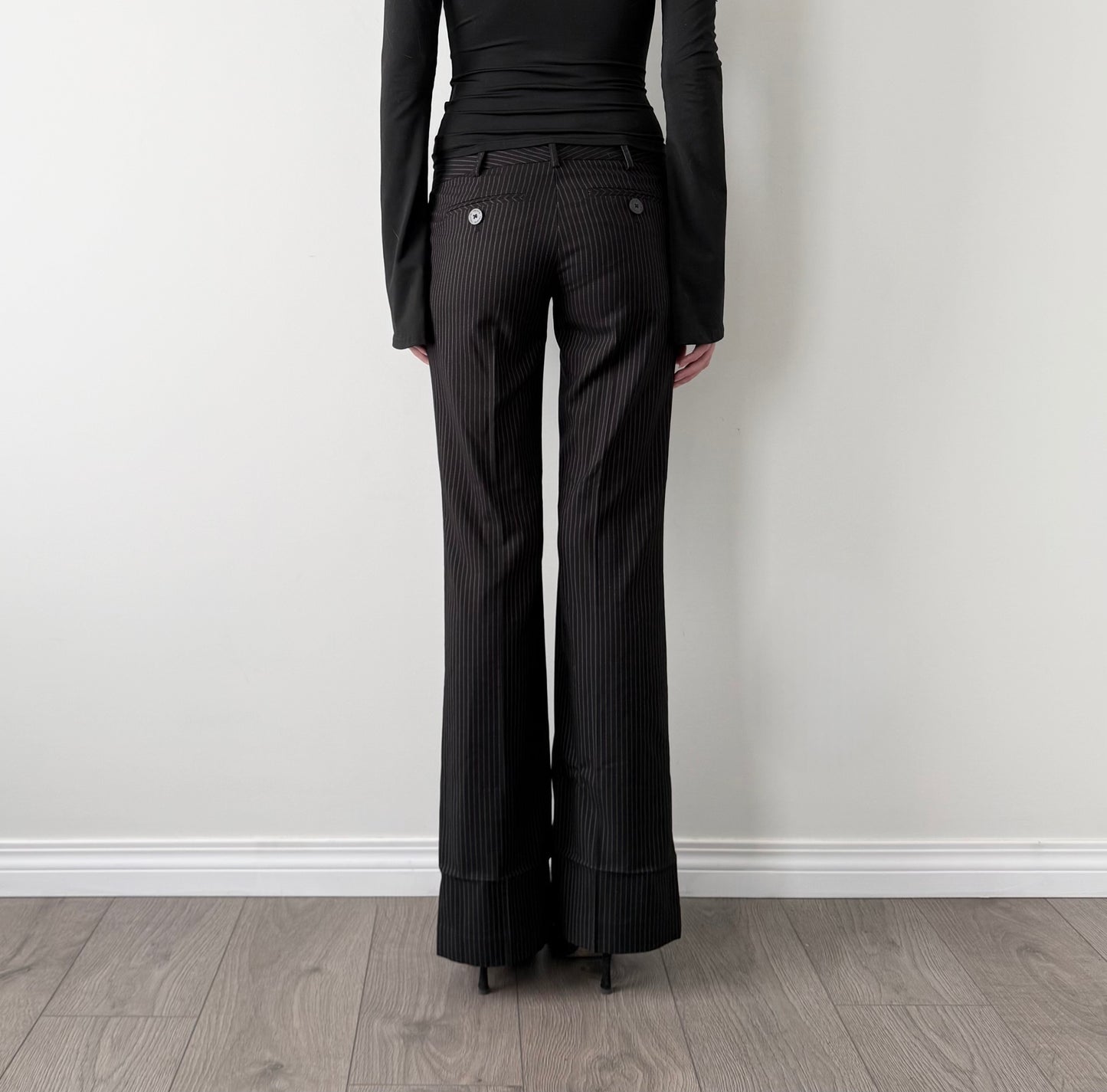 Talula black pinstripe low rise flared trousers