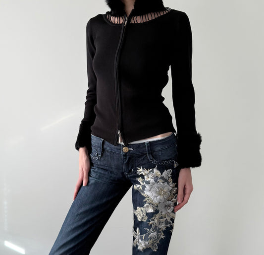 Black Ribbed Zip-Up Cardigan with Genuine Fox Fur Trim