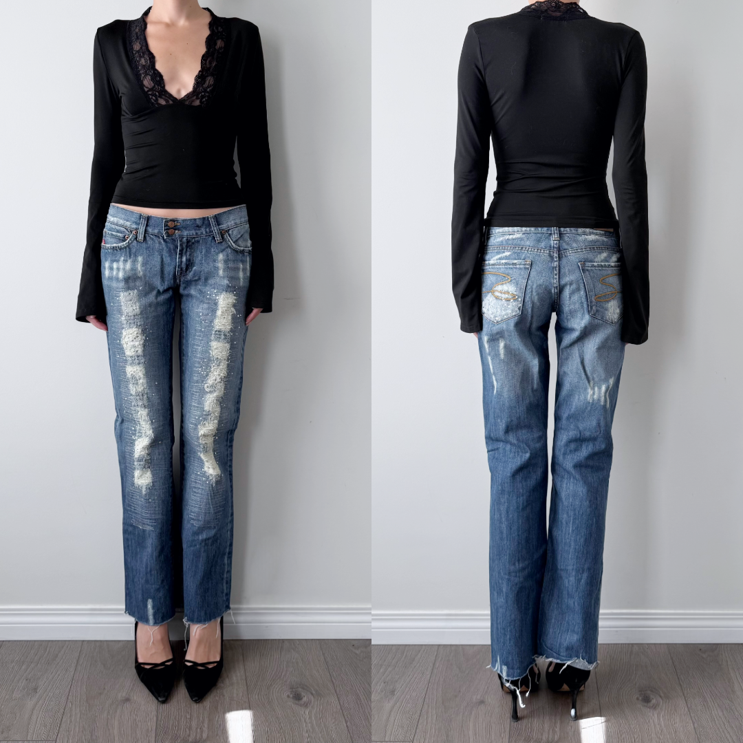 Vintage y2k seven distressed rhinestone bootcut jeans