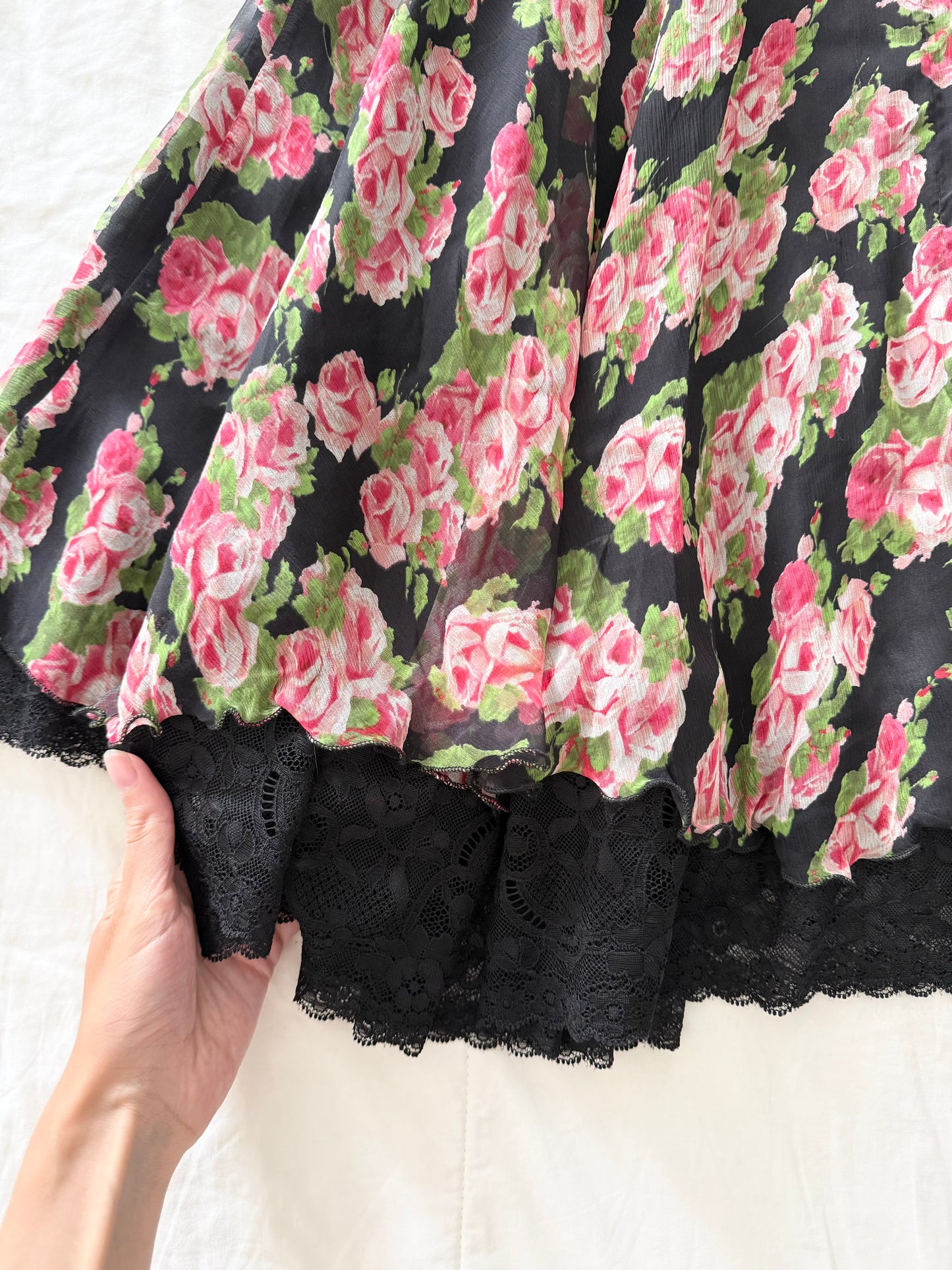 Y2K Ericot Chic 100% silk floral lace trim midi skirt