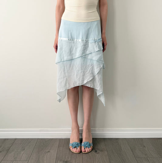 Kenzie 100% silk light blue asymmetrical skirt.