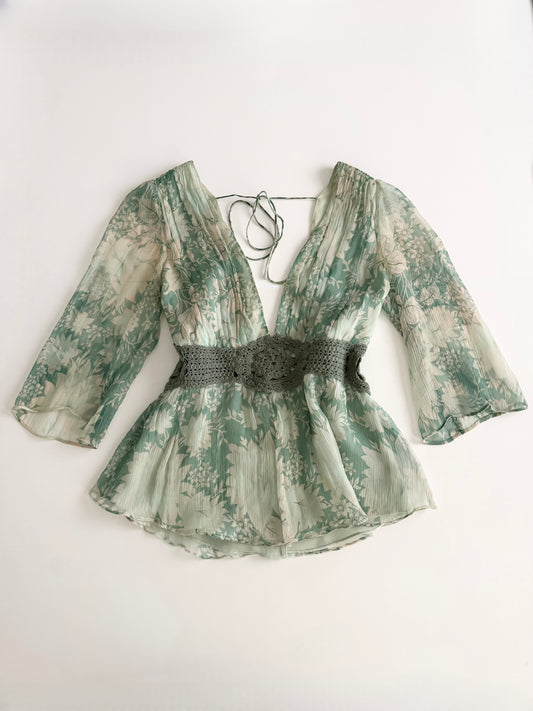 Forever21 100% silk floral green blouse