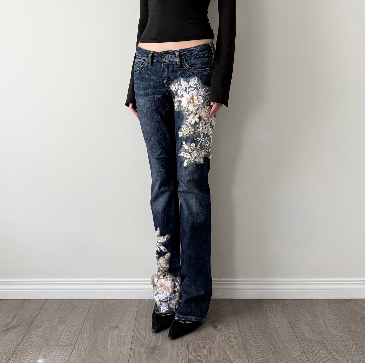 Silver reworked dark wash lace flared jeans