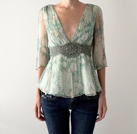 Forever 21 100% Silk Crochet Floral Boho Blouse