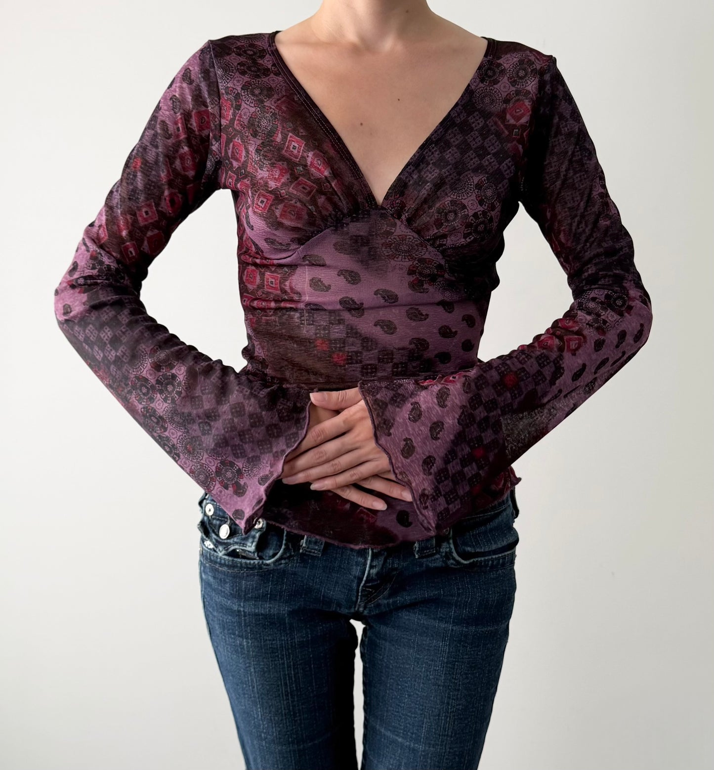 Vintage garage whimsical purple mesh blouse.