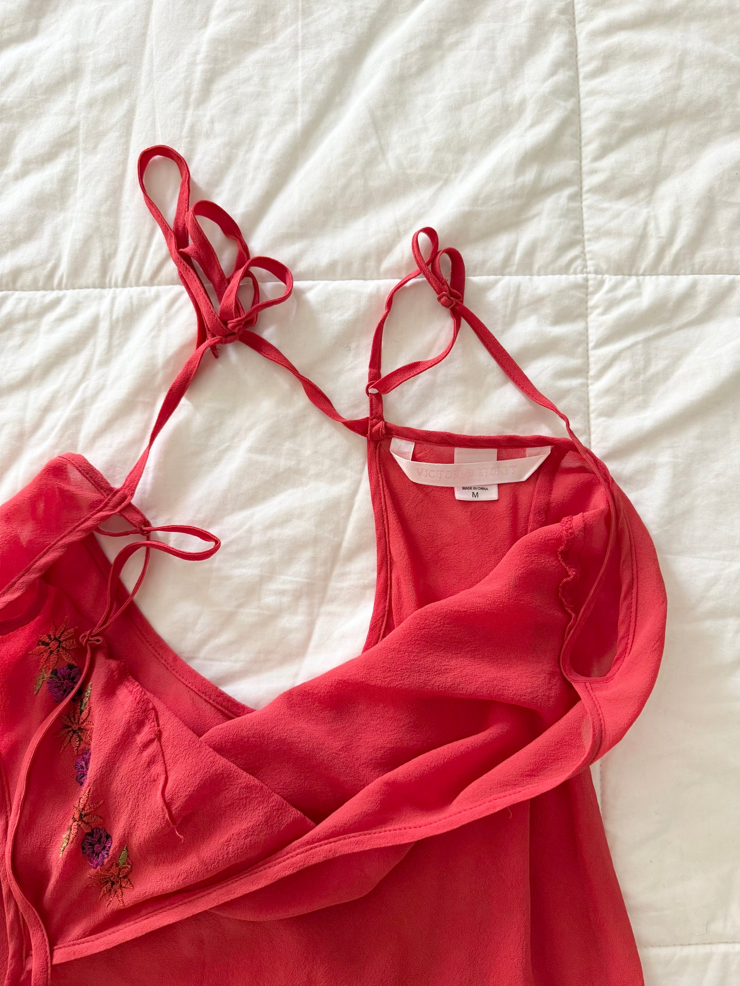 Victoria’s Secret red floral embroidery 100% silk slip dress