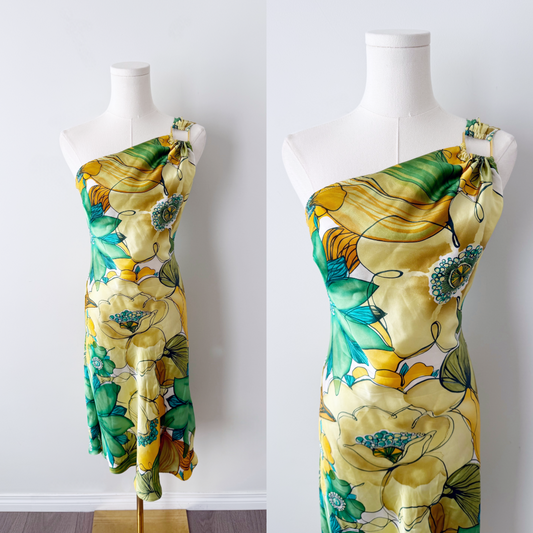 90s 100% silk floral one strap midi dress