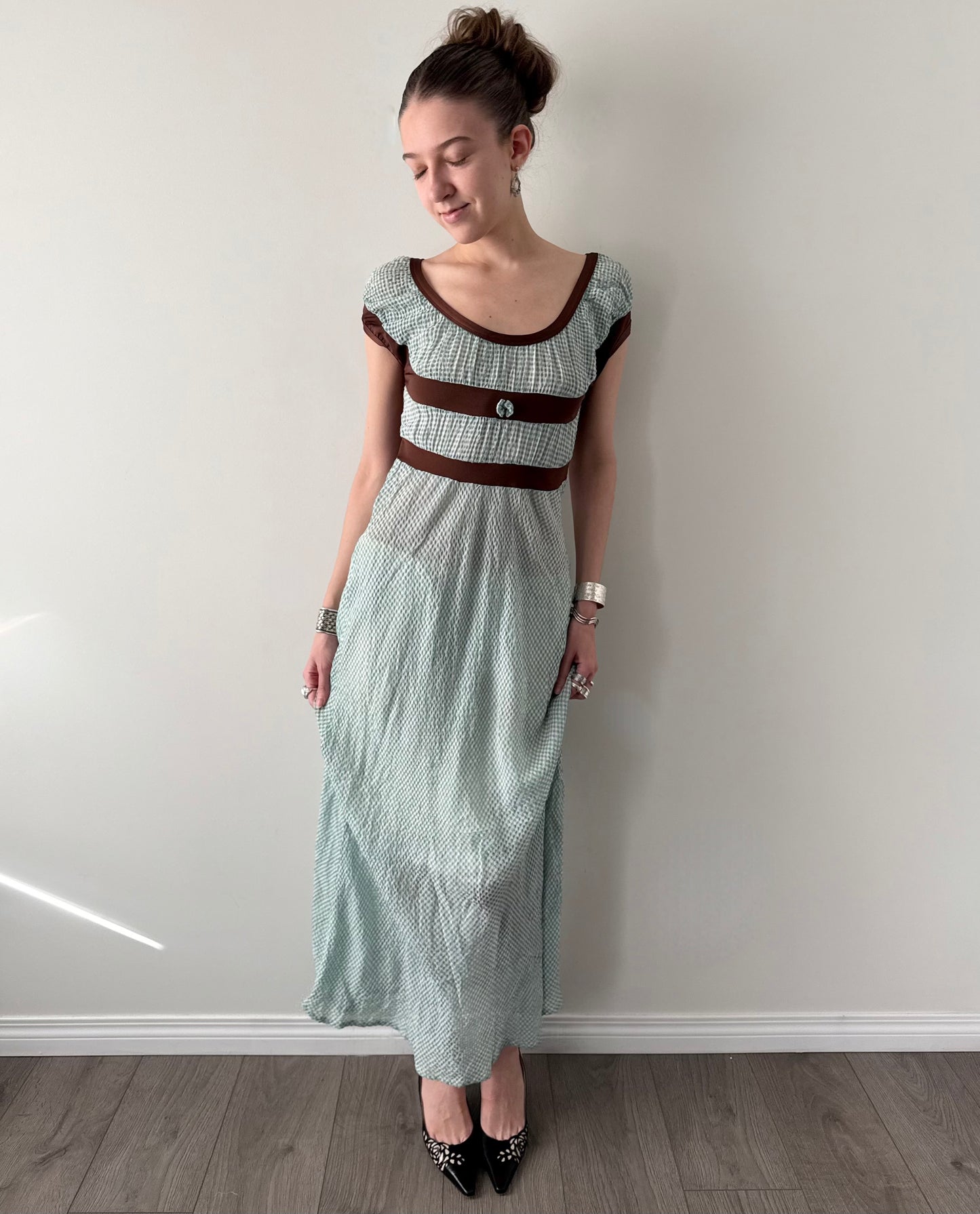 Jean Paul Gaultier gingham empire mesh maxi dress.