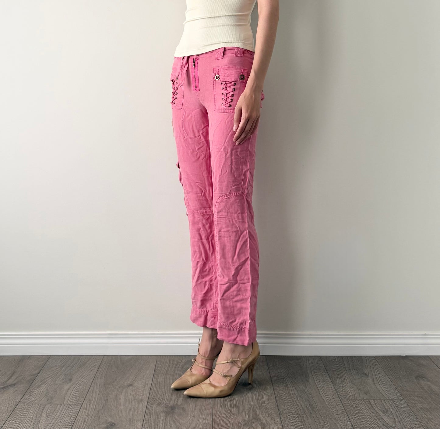 Da-Nang Pink 100% Silk Lace-Up Flared cargo’s