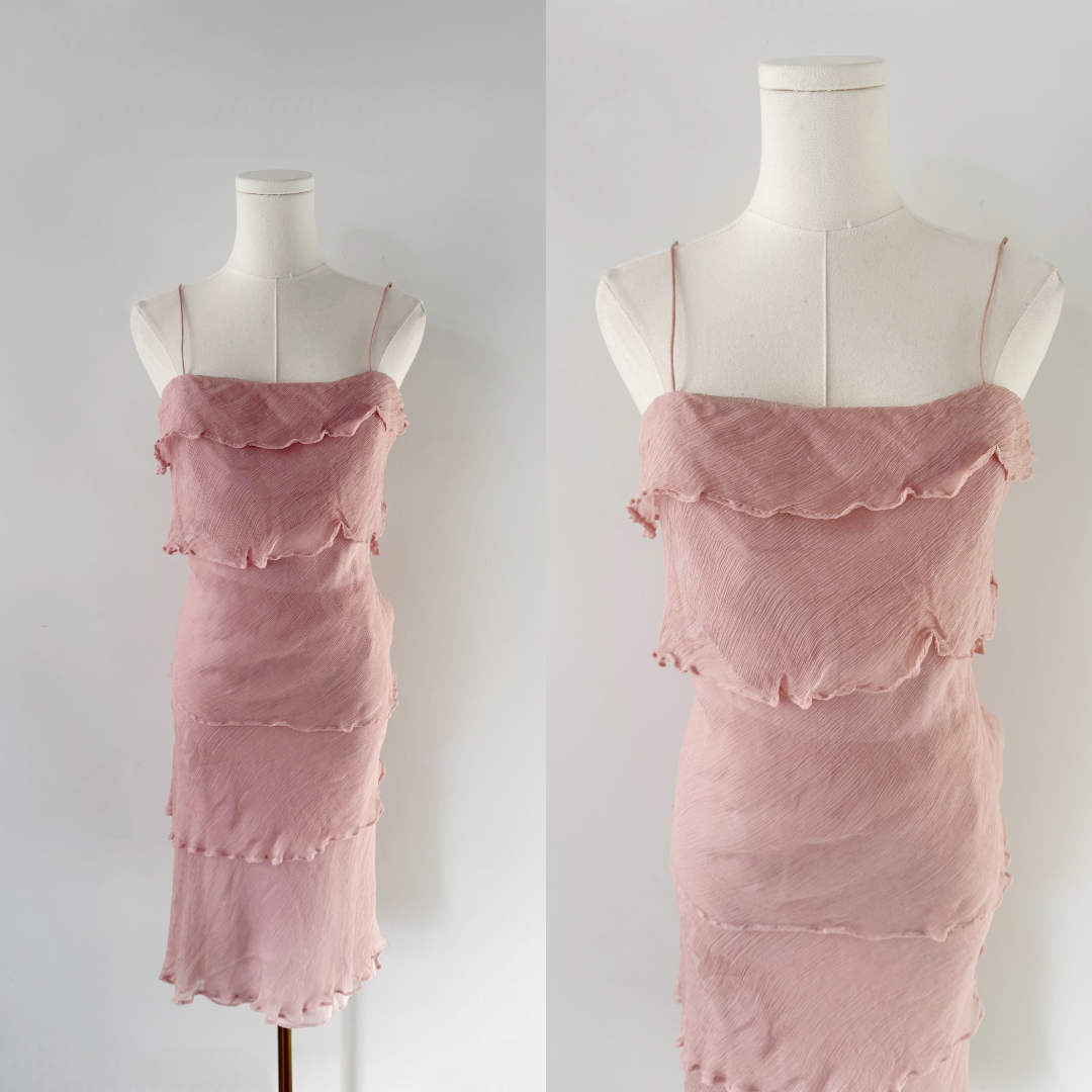 Vintage pink 100% silk tiered midi dress