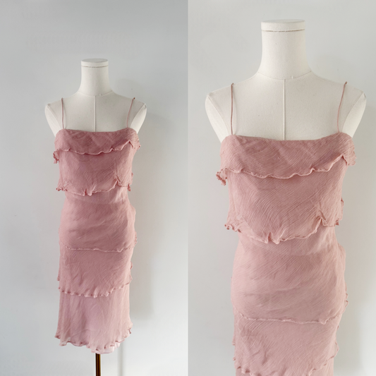 Vintage pink 100% silk tiered midi dress