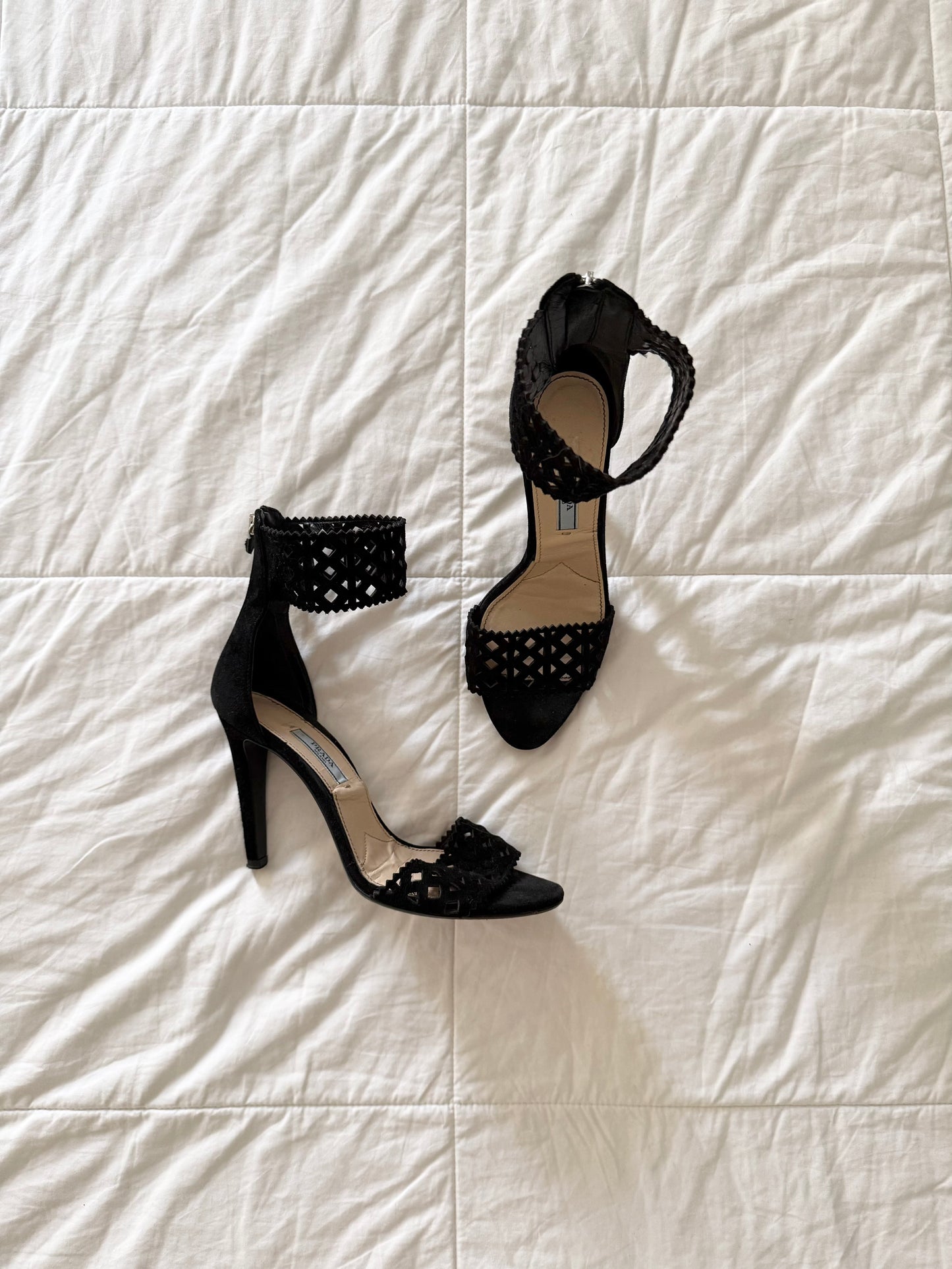 Vintage Prada Black Suede Laser Cut Open Toe Heels