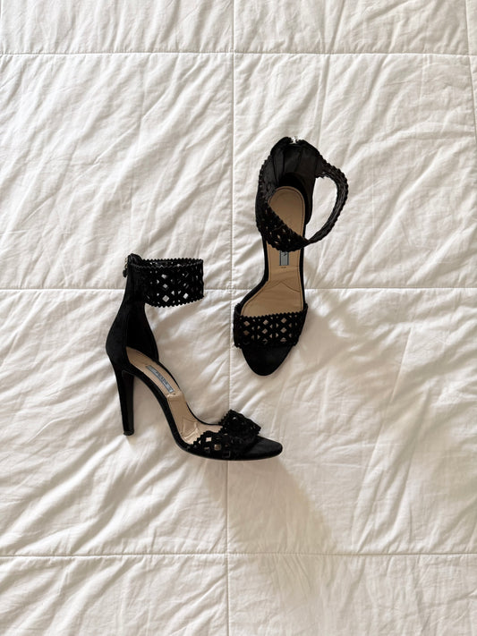 Vintage Prada Black Suede Laser Cut Open Toe Heels