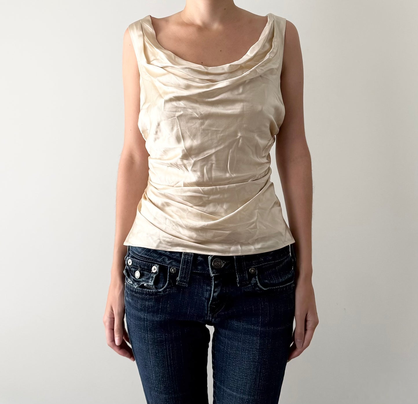 Reformation Champagne 100% Silk Cowl Neck Ruched Blouse