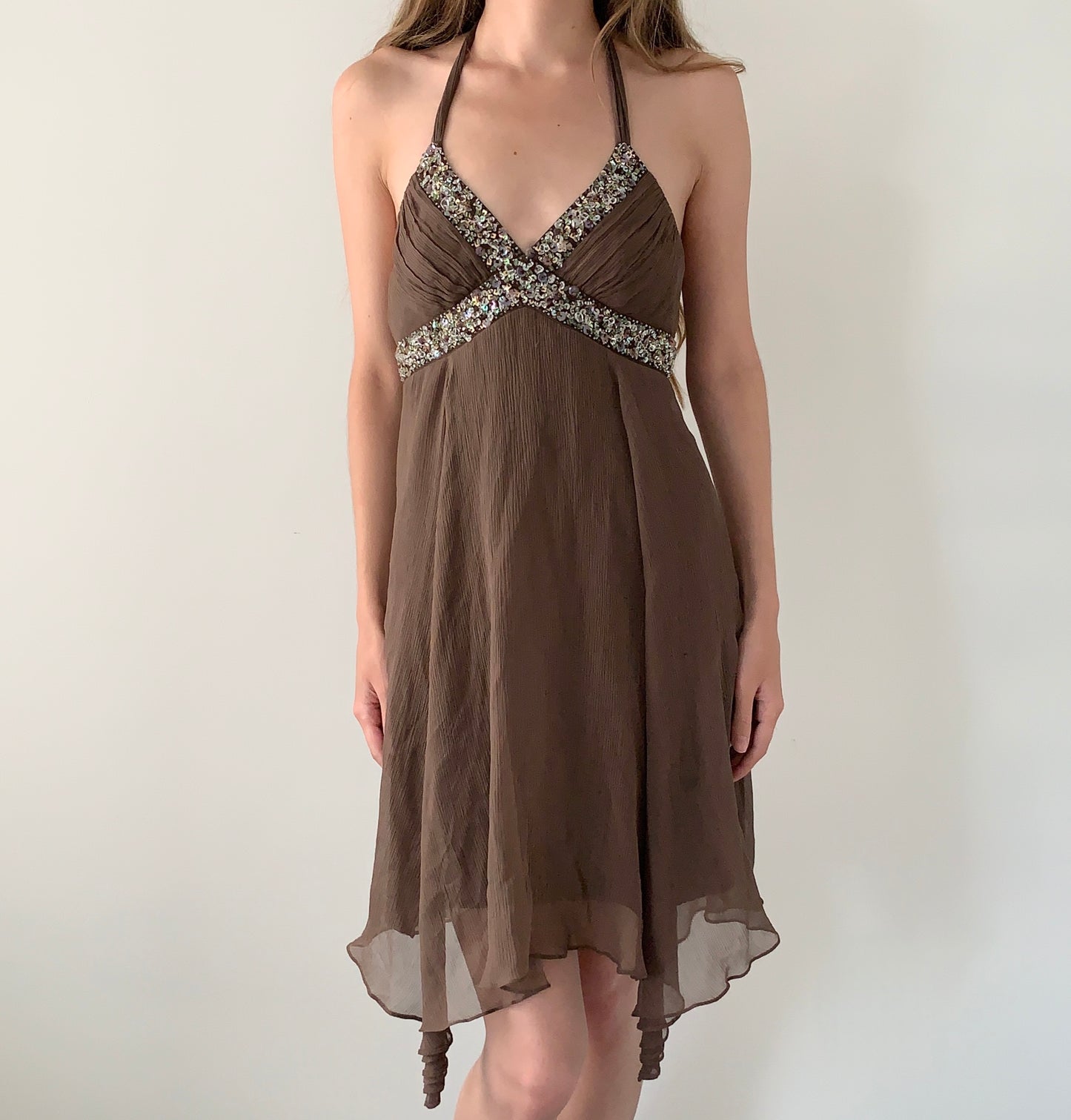 BCBG 100% silk beaded halter dress