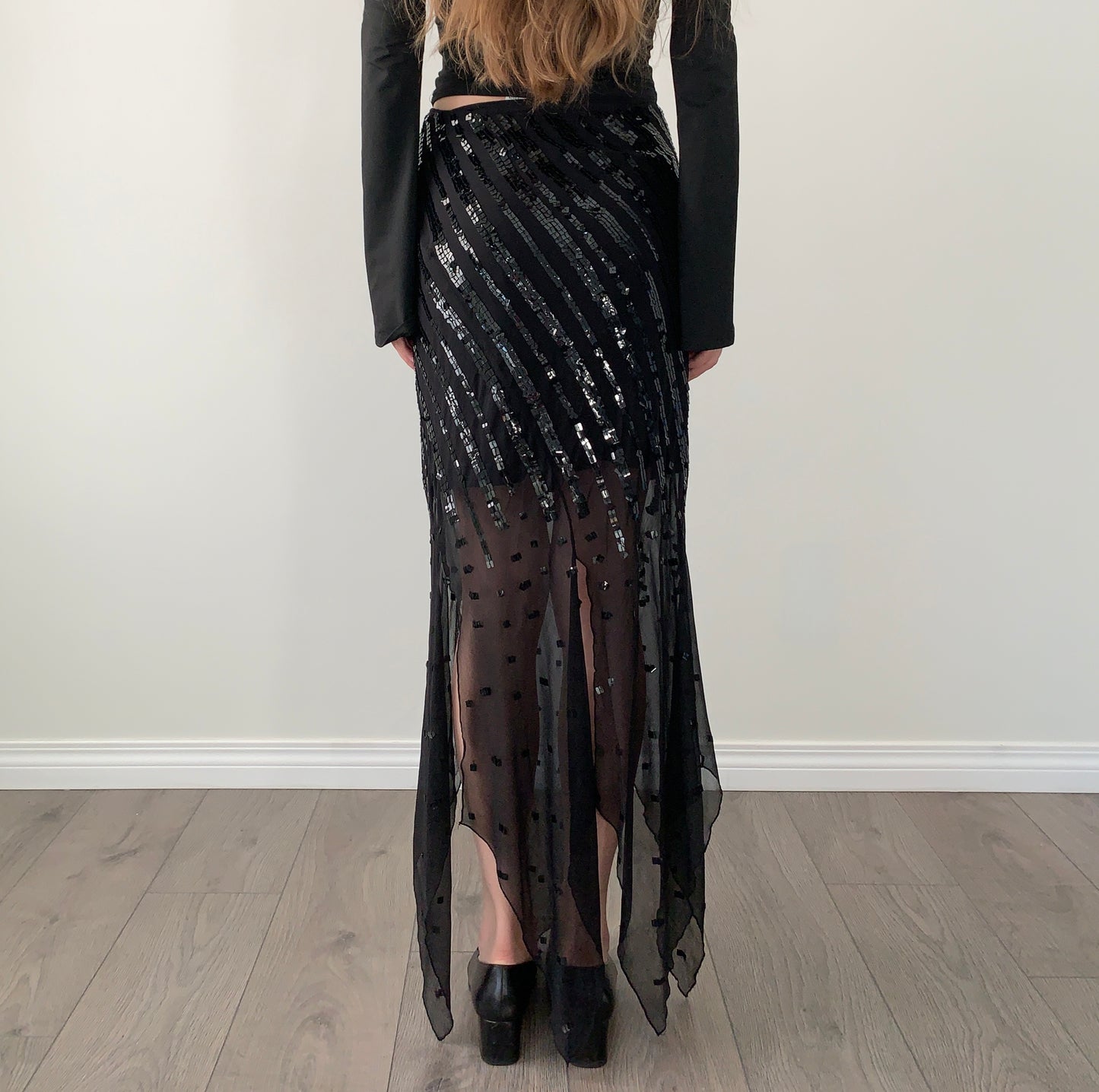Debbie shuchat 100% silk sequin asymmetrical maxi skirt
