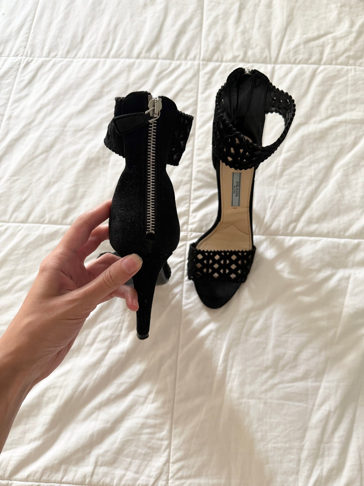Vintage Prada Black Suede Laser Cut Open Toe Heels