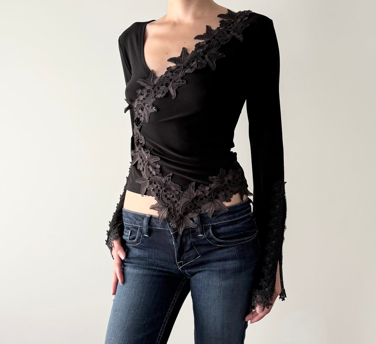 Vintage gothic floral embroidered flared sleeve asymmetrical top