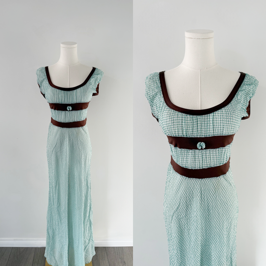 Jean Paul Gaultier gingham empire mesh maxi dress.