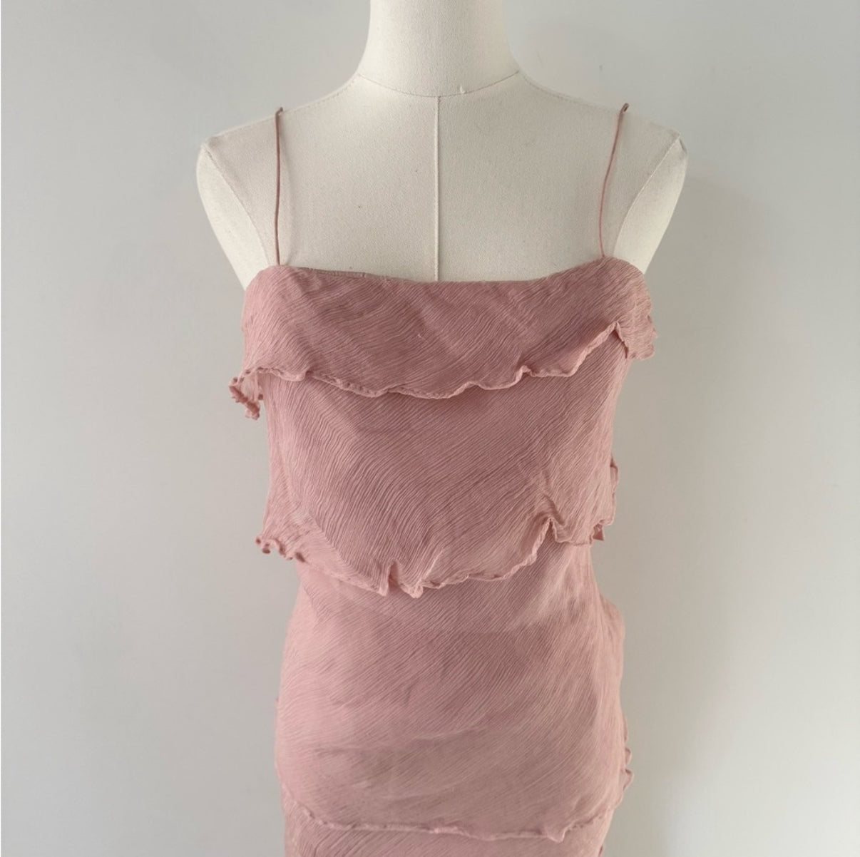 Vintage pink 100% silk tiered midi dress