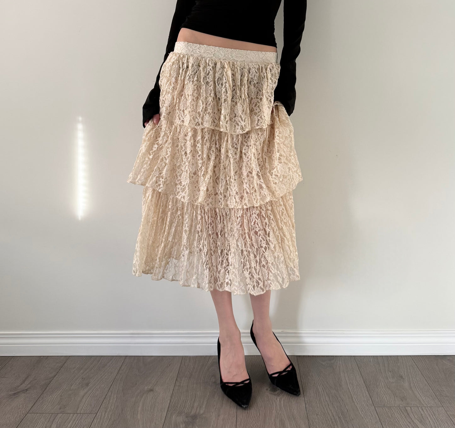 80s semi sheer lace tiered midi skirt