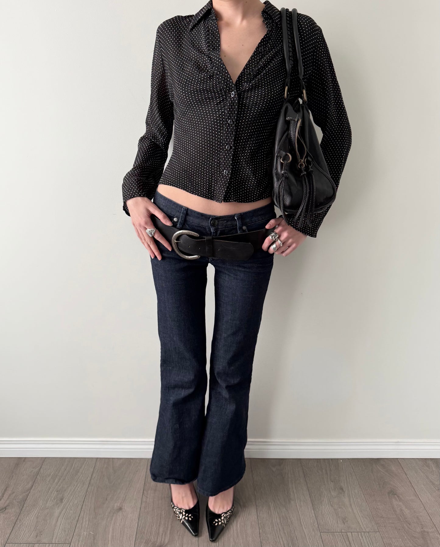 INC 100% silk semi sheer polka dot blouse