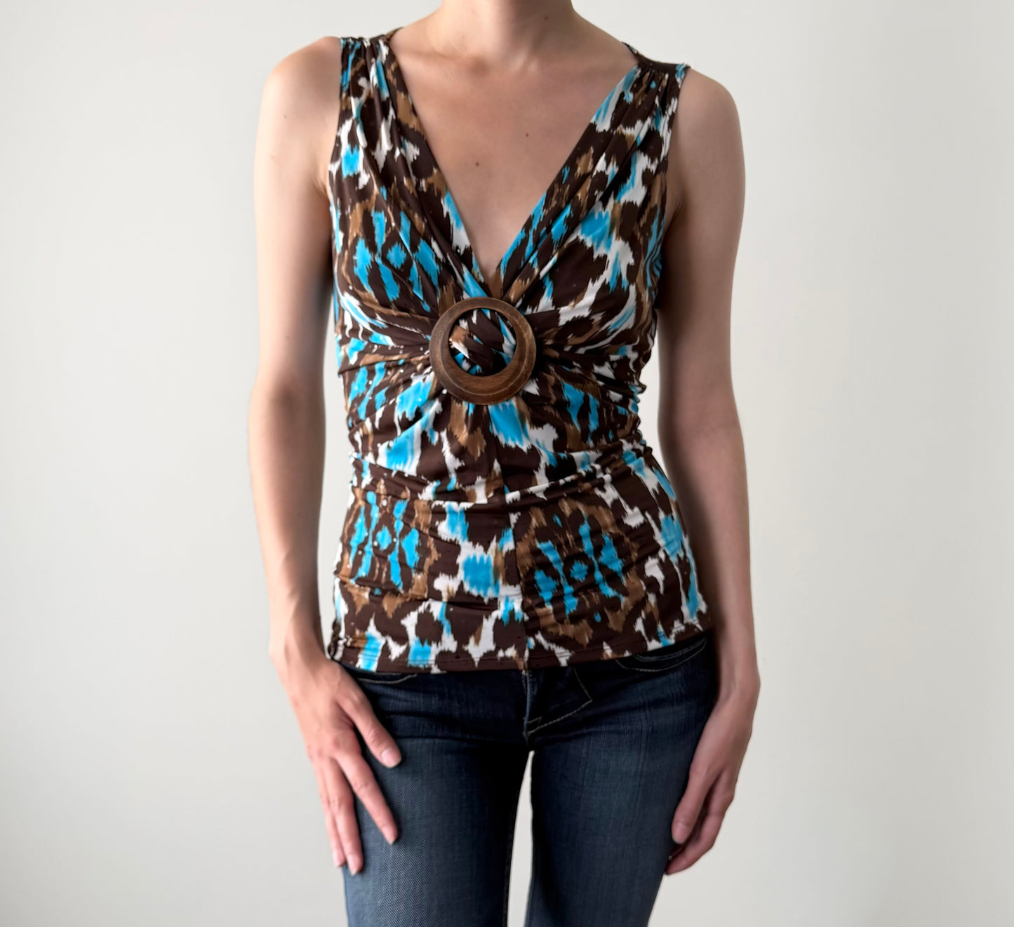 Cache brown and blue animal print top