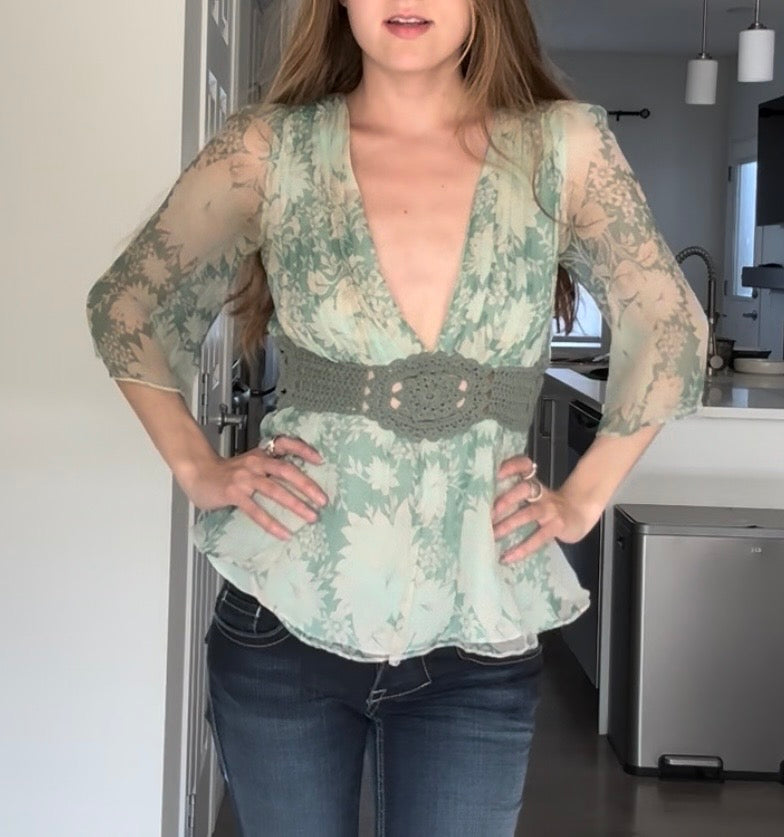 Forever21 100% silk floral green blouse