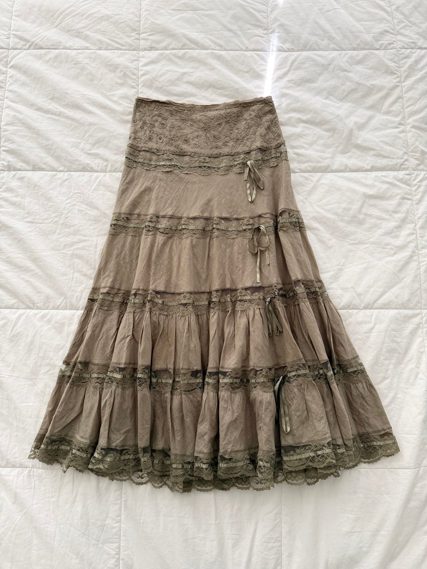 Vintage Oat sequin lace tiered maxi skirt