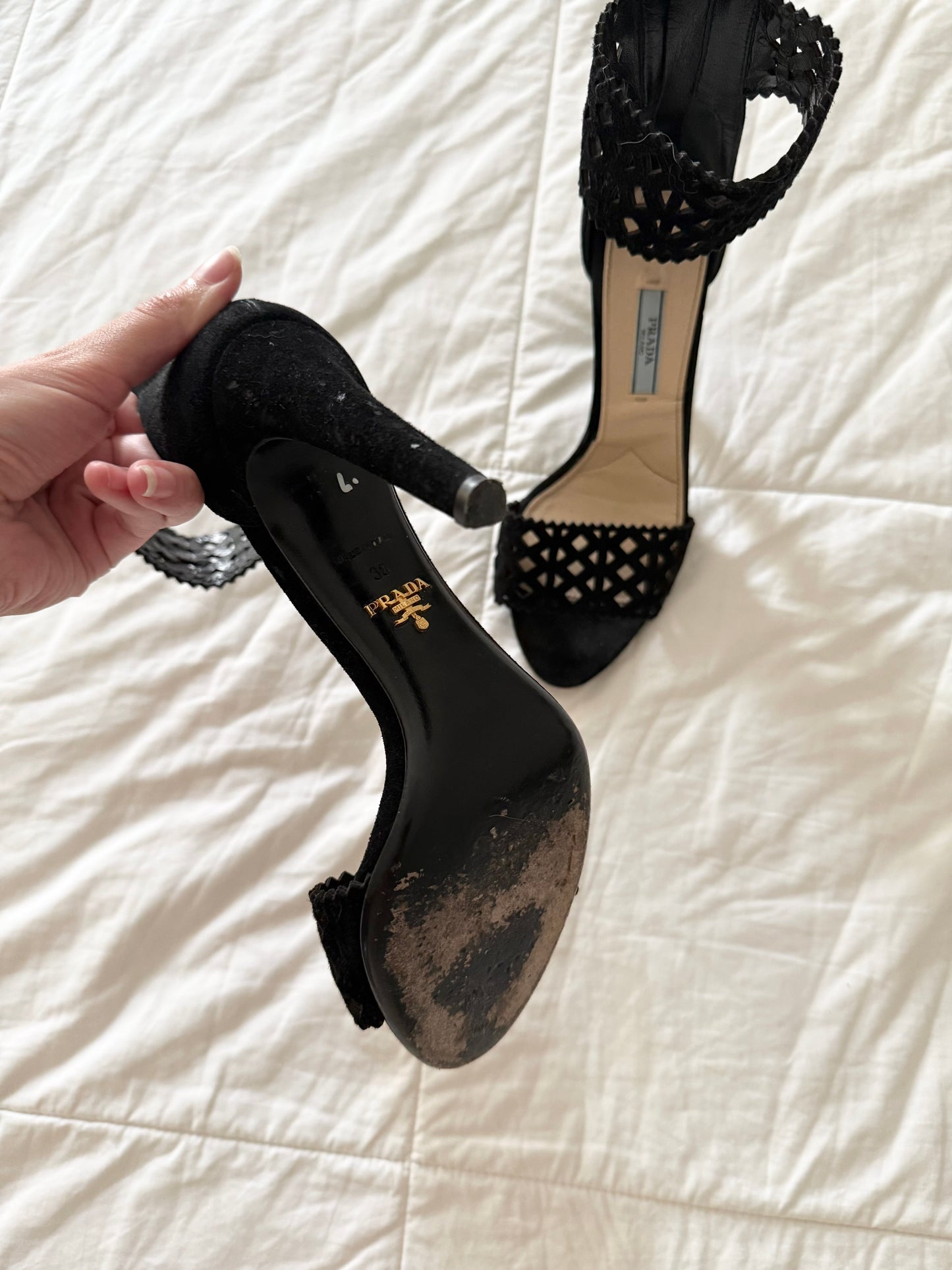 Vintage Prada Black Suede Laser Cut Open Toe Heels