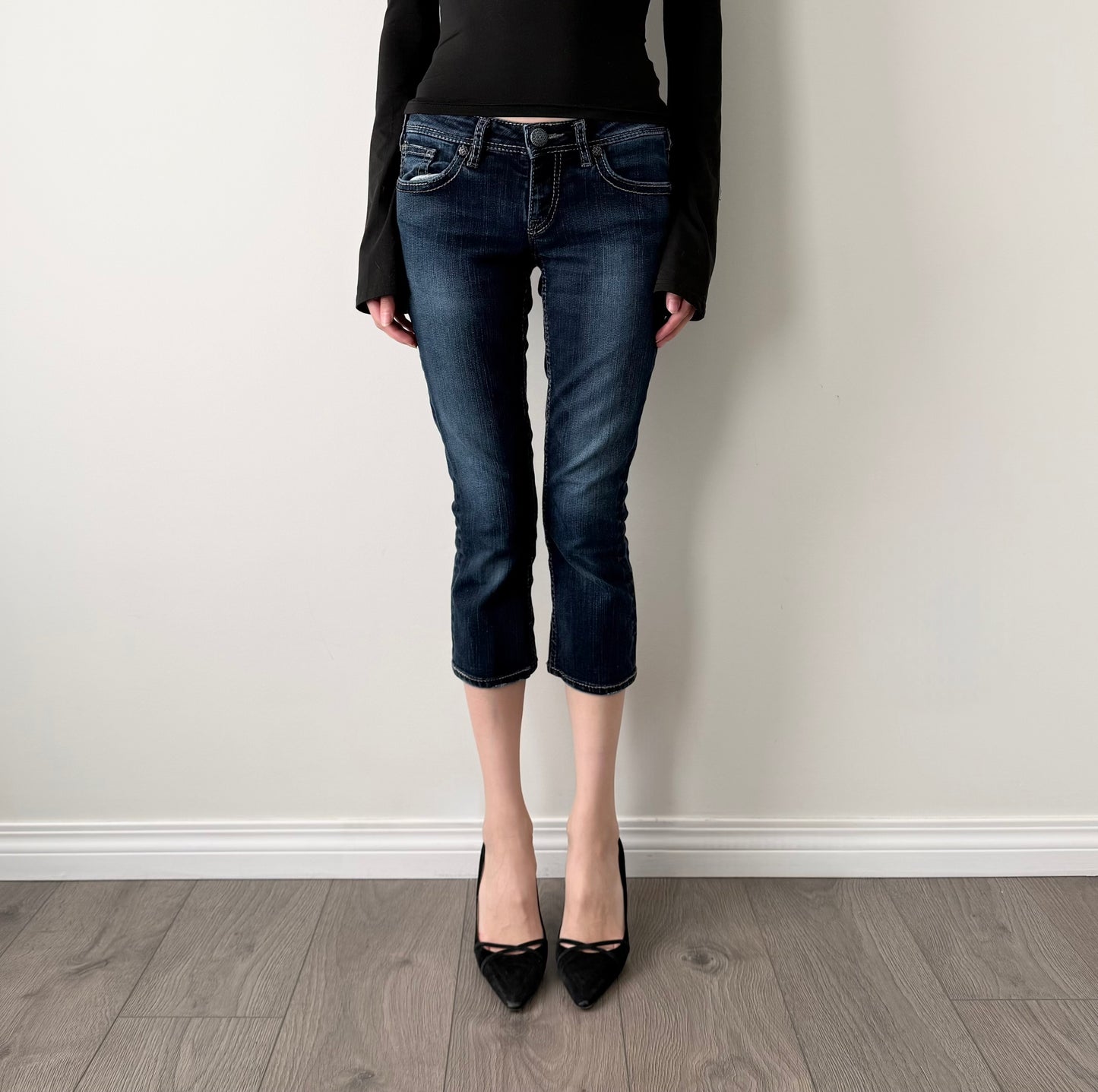 Silver dark wash denim capris