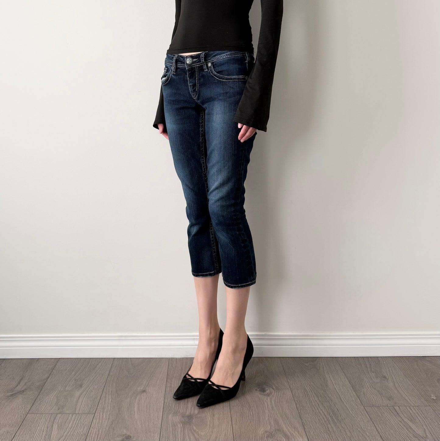Silver dark wash denim capris