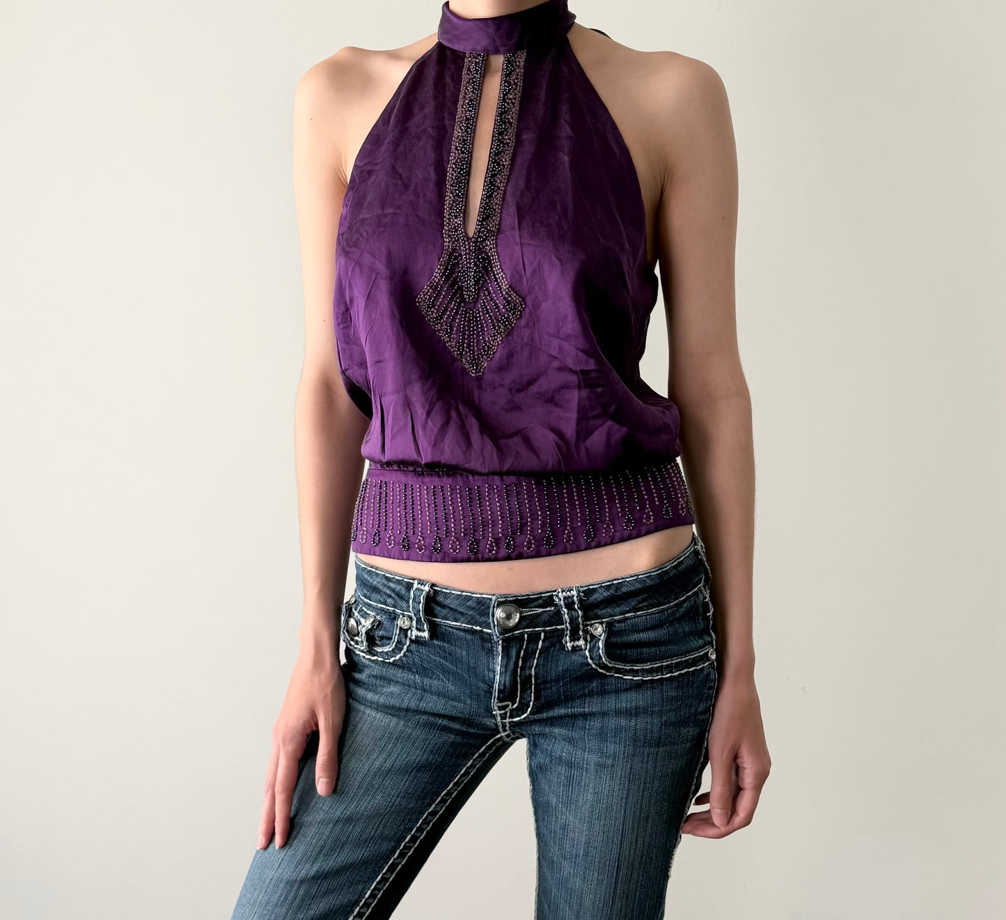 BCBG purple beaded 100% silk boho blouse.