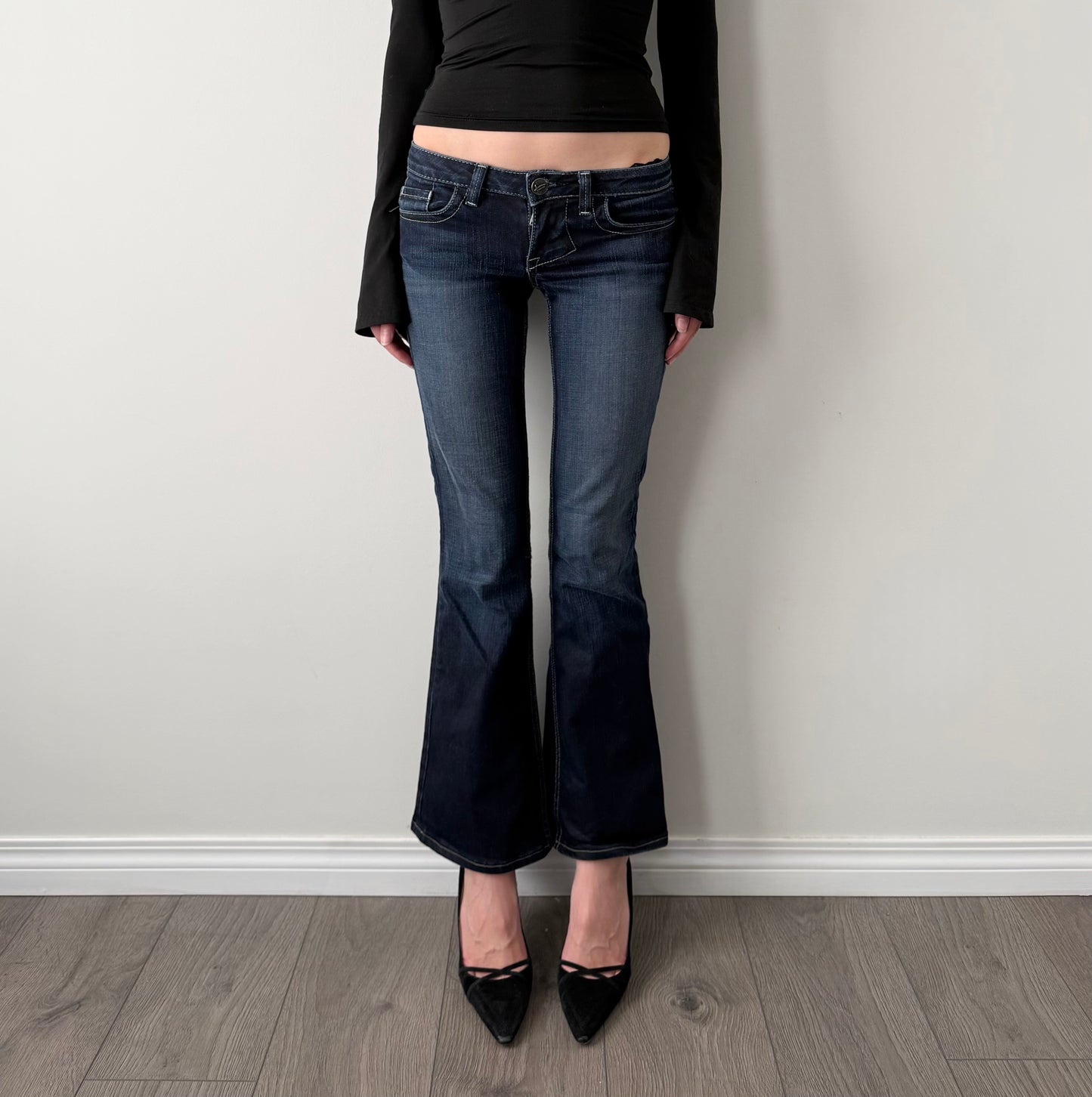 William rast dark wash low rise flared jeans