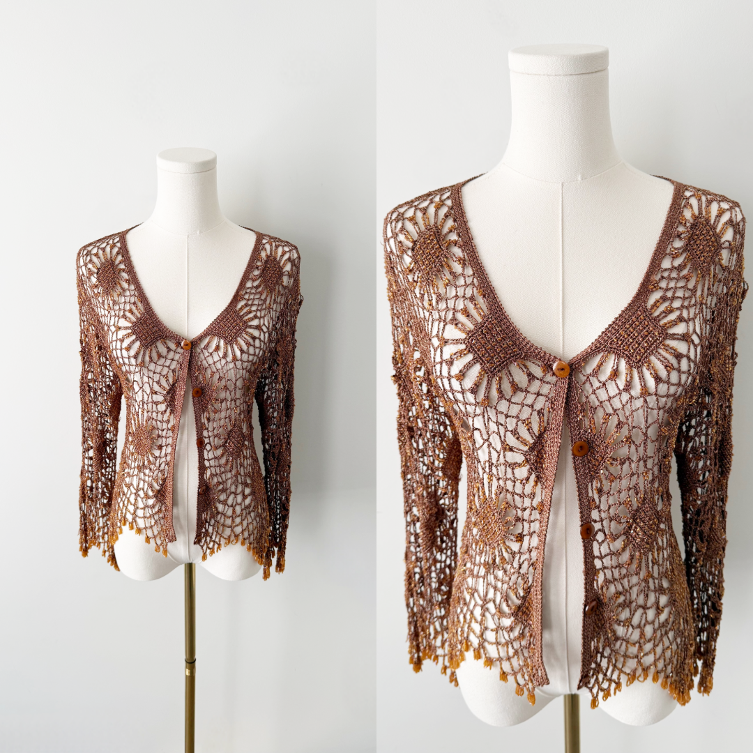 Vintage caramel crochet beaded asymmetrical cardigan