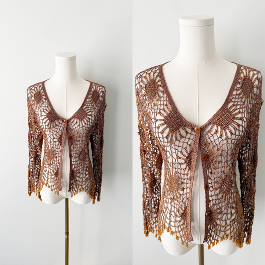 Vintage caramel crochet beaded asymmetrical cardigan