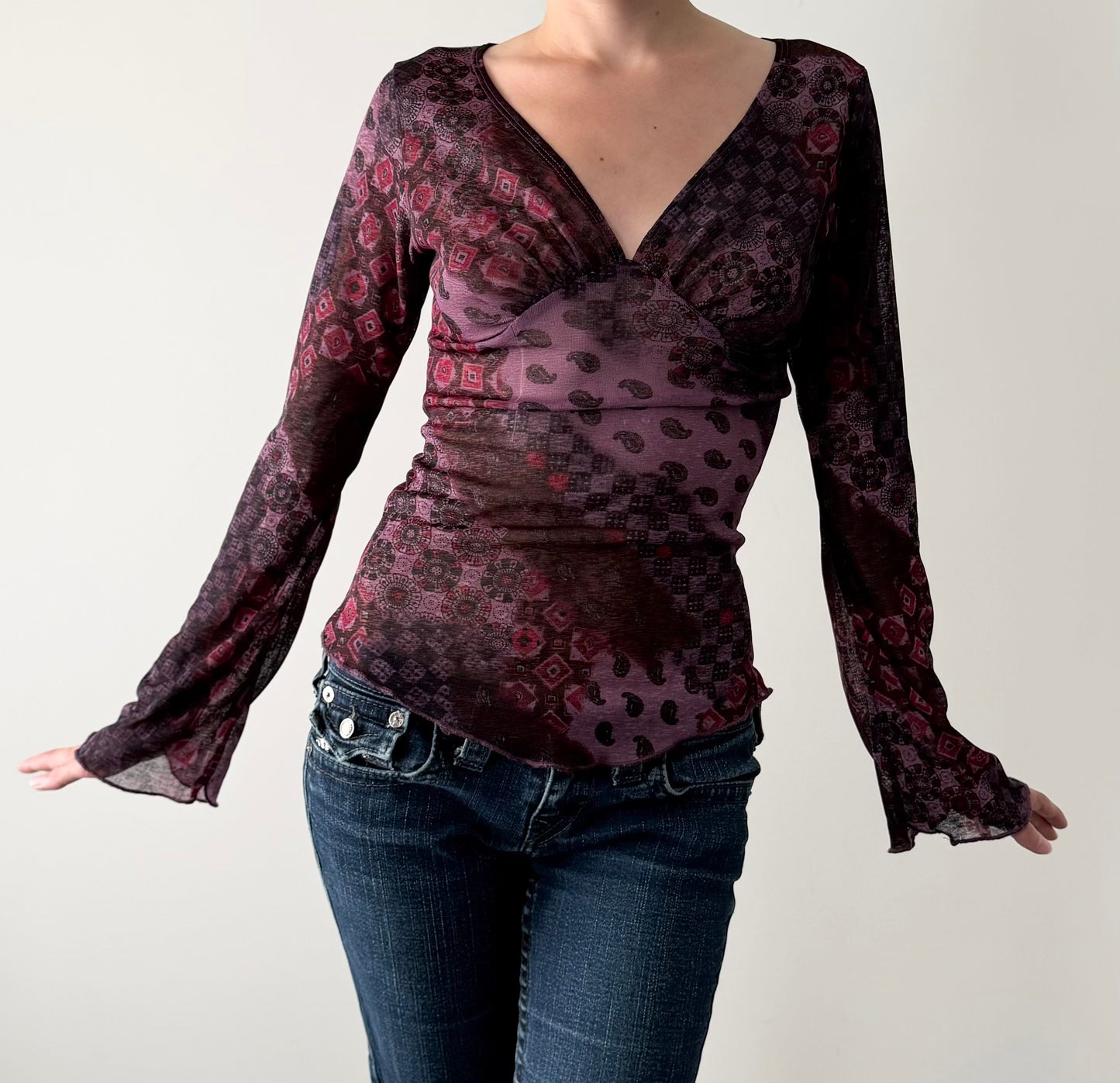 Vintage garage whimsical purple mesh blouse.